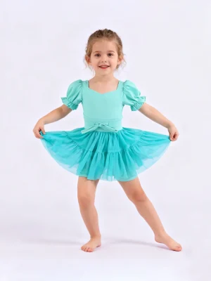 Kids Yoga Dress with Tulle Layer and Waist Bow, Ballet Style Dance Dress for Girls Sports and Special Occasions